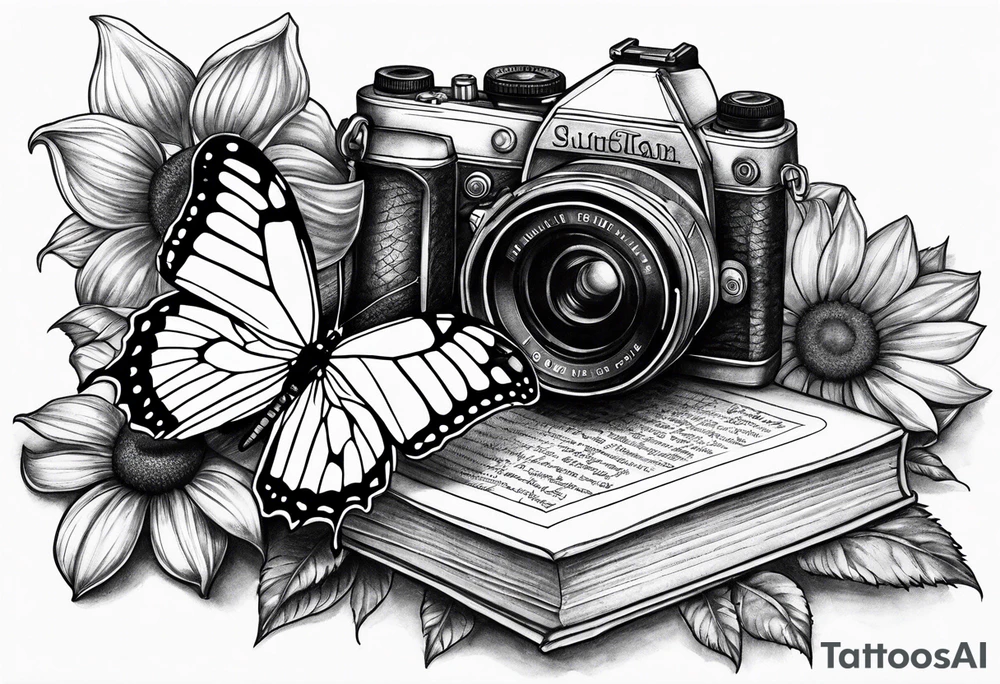 Butterfly, sunflower, camera, book, flower rose tattoo idea Butterfly, sunflower, camera, book, flower rose tattoo idea