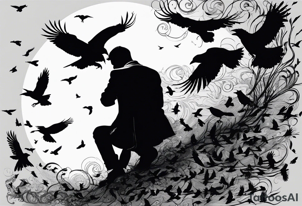 Silhouette of a man on his hands and knees bent over with crows coming out his back flying away. tattoo idea