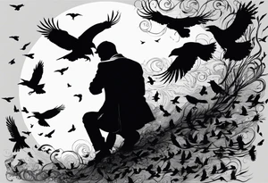 Silhouette of a man on his hands and knees bent over with crows coming out his back flying away. tattoo idea