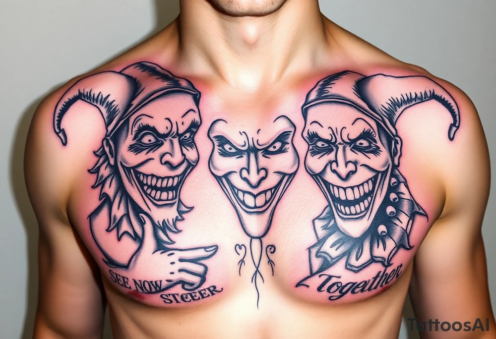 jester see no evil hear no evil speak no evil laugh now cry later together tattoo idea