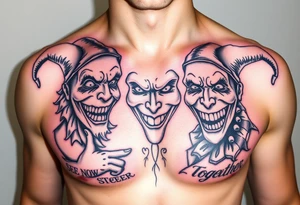 jester see no evil hear no evil speak no evil laugh now cry later together tattoo idea