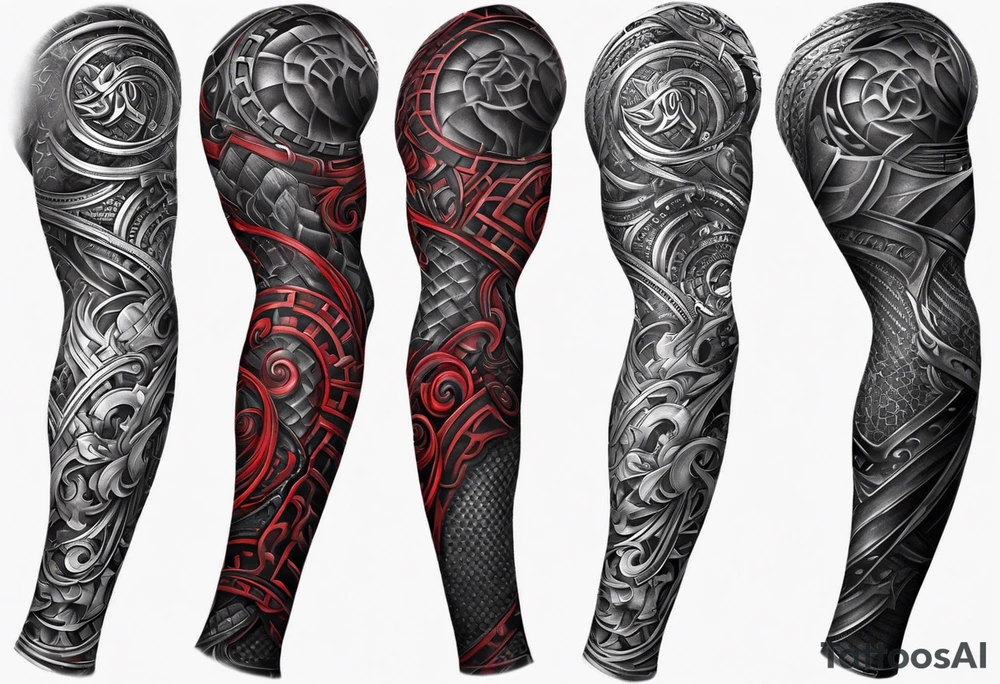 Full Arm sleeve, black, gray, silver, red, subtle motorcycle chain tattoo idea