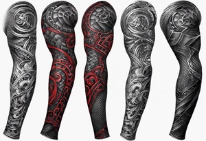 Full Arm sleeve, black, gray, silver, red, subtle motorcycle chain tattoo idea
