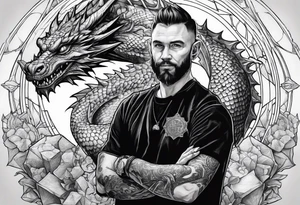 Dungeon Master holding a D20 surrounded by a dragon tattoo idea