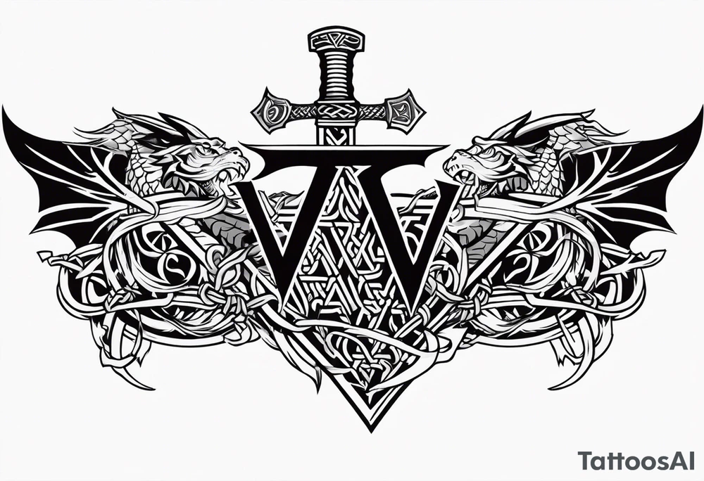 Valhalla sword shield dragon axe Valknut barbed wire chains tattoo idea Valhalla sword shield dragon axe Valknut barbed wire chains tattoo idea