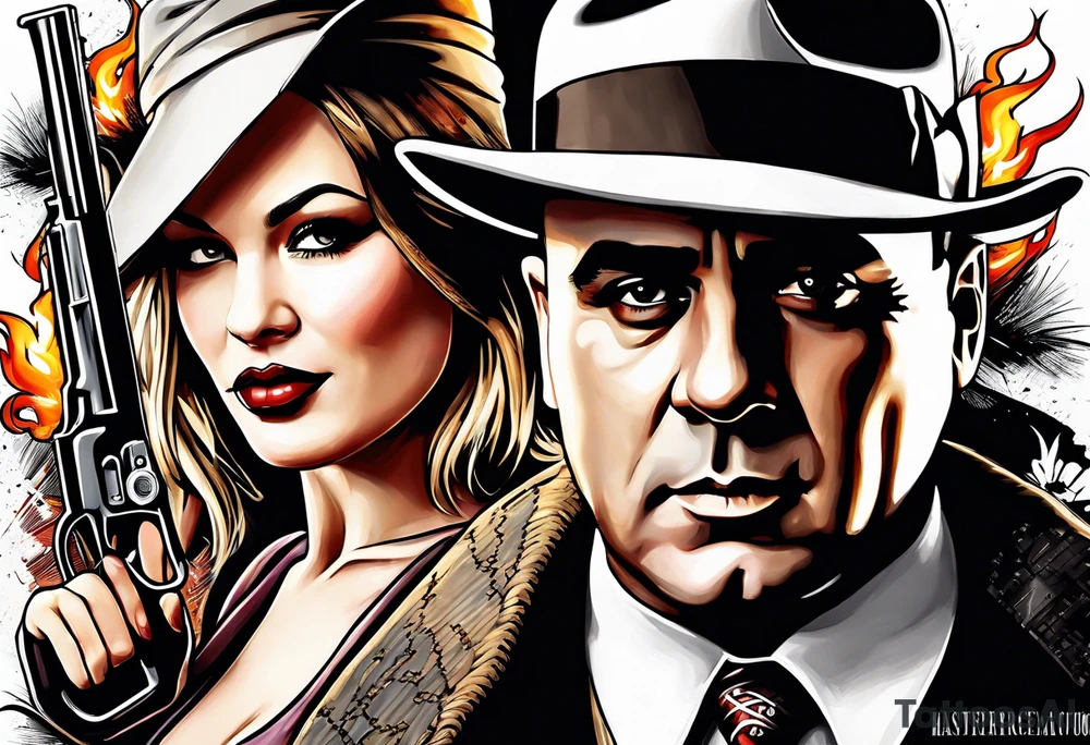 gangsters bonnie & clyde with Al Capone and machine gunns with smoke and fire tattoo idea