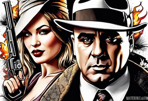 gangsters bonnie & clyde with Al Capone and machine gunns with smoke and fire tattoo idea