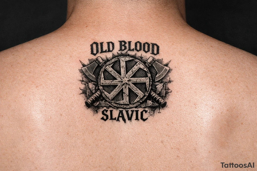 Slavic kolovrat with old blood written and Slavic written tattoo idea