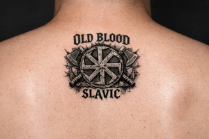 Slavic kolovrat with old blood written and Slavic written tattoo idea