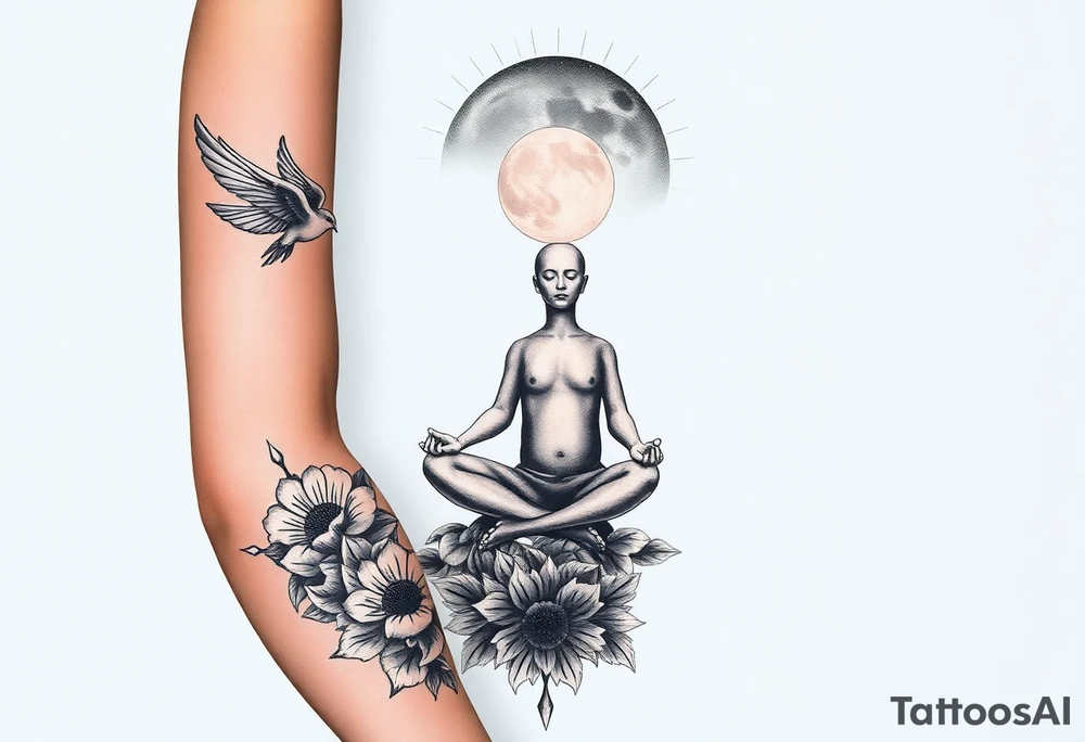 a figure sitting in lotus position meditating based on the lyrics “doing time in the universal mind” by the doors - with a psychedelic trippy background as the meditation expands out from his head into the universe / cosmos - on one side of the arm- the other has a swallow  flying into the night sky into a moon/sun based on the lyrics )into the night of the dark black sky” by the beatles. the rest of the tattoo sleeve is based on these two songs plus “the soft parade” by the doors tattoo idea