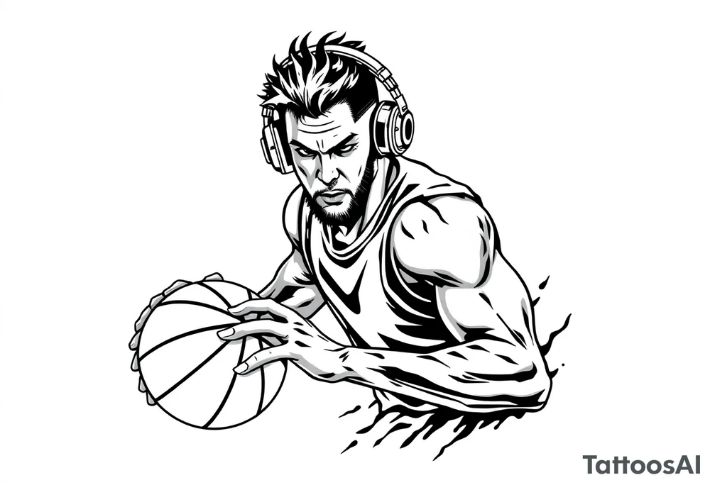 A guy dribbling a basketball with headphones on tattoo idea