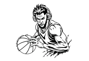 A guy dribbling a basketball with headphones on tattoo idea