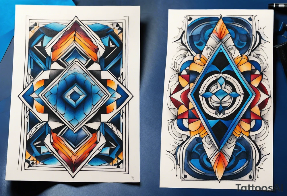 semi Detailed neo traditional knee tattoo flat on paper. The tattoo features geometric patterns and bold lines, creating a visually striking design with slight tints of deep fall colors. The a background featuring deep blues washes and water swirls tattoo idea