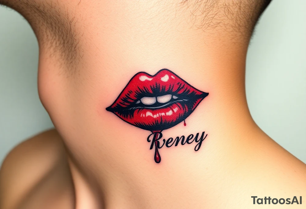 Seductive Stain from lipstick kiss with name Reney lowercase with drool tattoo idea