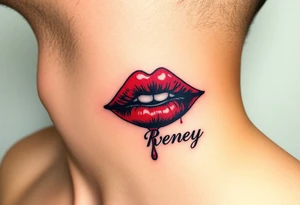 Seductive Stain from lipstick kiss with name Reney lowercase with drool tattoo idea