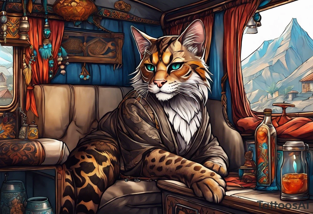 Khajiit sitting in a caravan selling wares tattoo idea