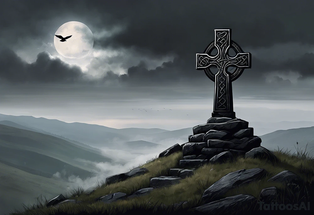 A stone Celtic cross solemnly standing atop a hill, a raven perches atop the cross staring out over the desolation. A ruined stone wall lies crumbling near the cross. Mist rolls along the hilltops adding to the melancholic nature of the scene tattoo idea