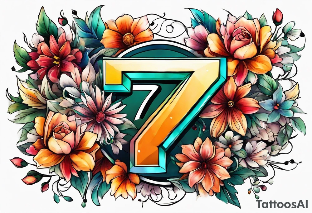 The number seven surrounded by colorful flowers tattoo idea