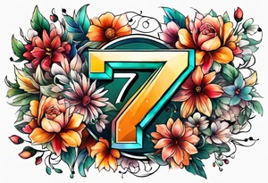 The number seven surrounded by colorful flowers tattoo idea