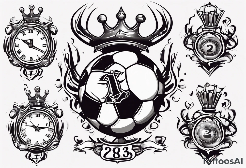 Ballon de football avec le numéro23 ,  une horloge avec une couronne,  le tout avec au fond un taureau tattoo idea