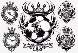 Ballon de football avec le numéro23 ,  une horloge avec une couronne,  le tout avec au fond un taureau tattoo idea