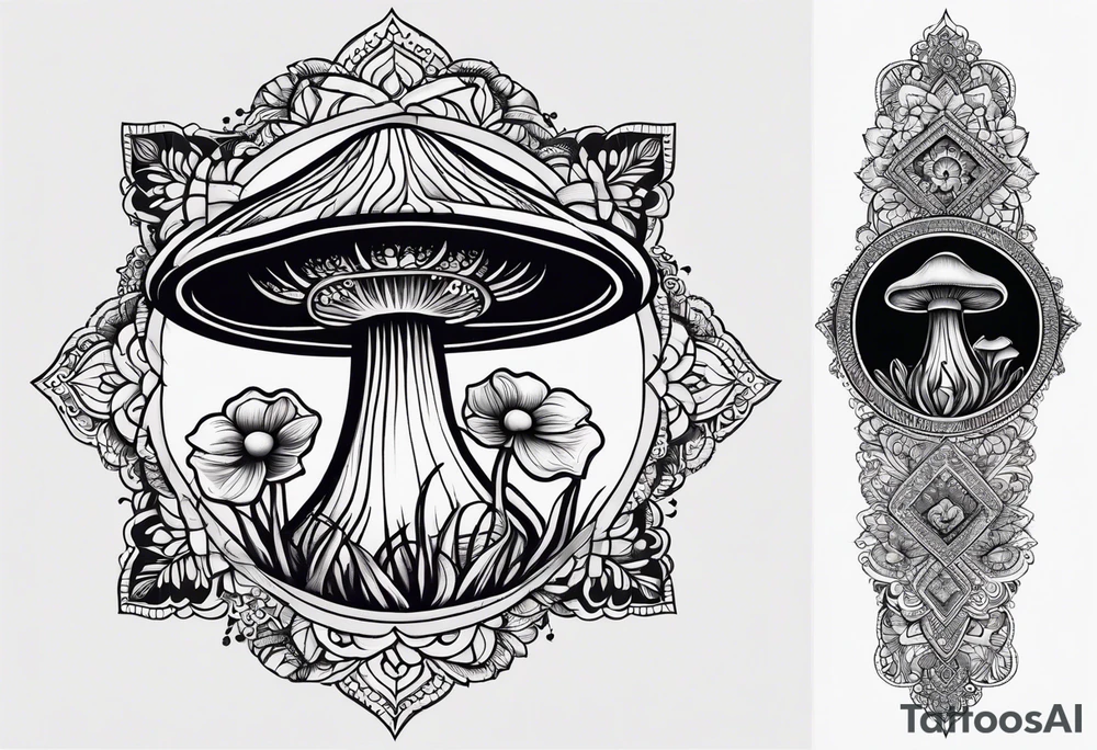 Black mushroom tattoo with henna style mandala design surrounding it tattoo idea