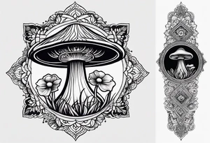 Black mushroom tattoo with henna style mandala design surrounding it tattoo idea