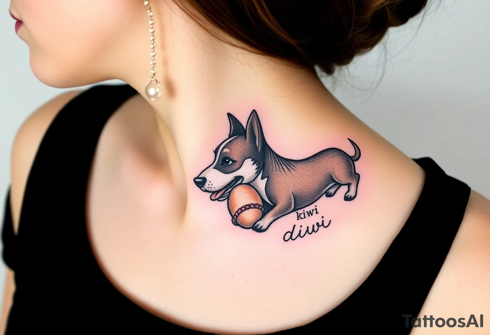 One line tattoo of female dog with white strip going up dog’s snout slightly off centered. With  toy and the dogs tongue slightly out and the name kiwi and an Aquarius them to it . Just the colors black  white brown with a small heart near by tattoo idea
