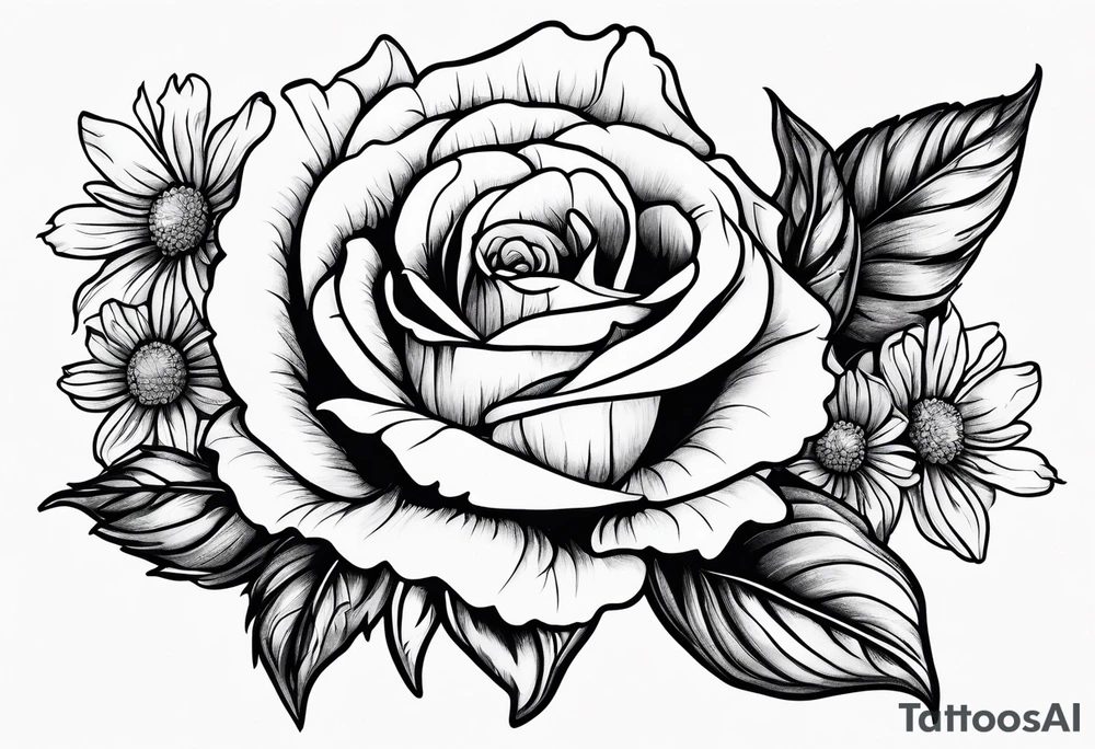 line drawing of rose, violet, larkspur and aster bouquet tattoo idea