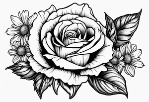 line drawing of rose, violet, larkspur and aster bouquet tattoo idea