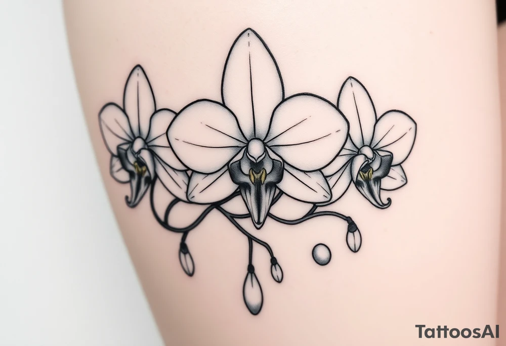 Draw of three fine line orchids different size realistic, the central part resembles a vagina. Are connected with branches that appears a mix with drops and seeds tattoo idea