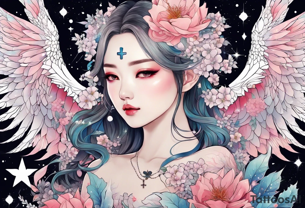 Constellation, wing , snow , cross , dragon female japan kawaii , flower tattoo idea