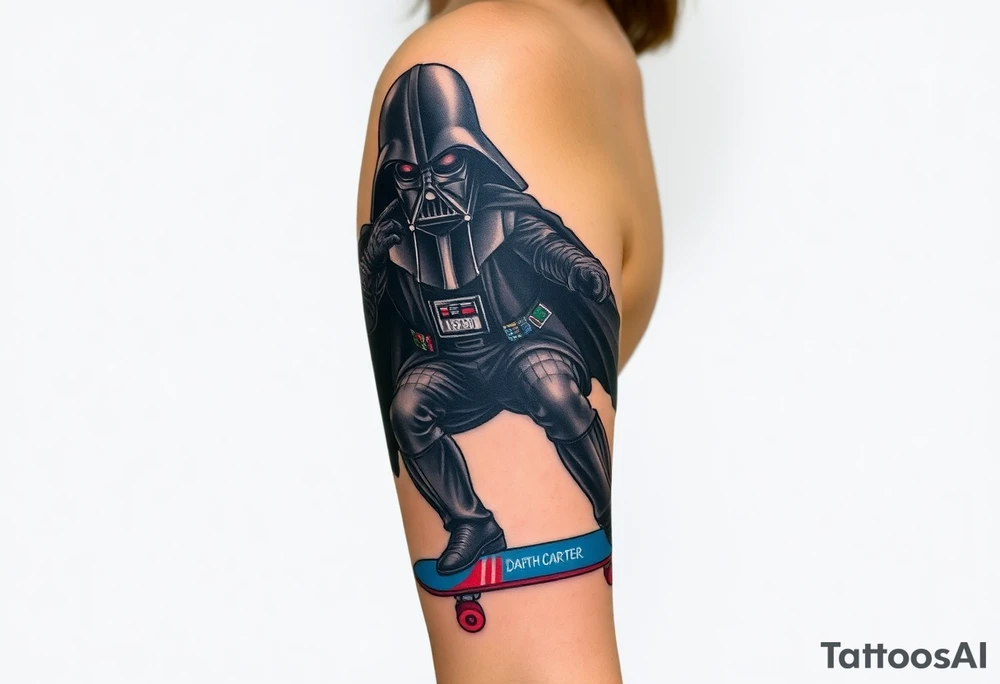 Darth Vader skateboarding >
blue & red
skateboard say "Darth Carter"
12/29/88-01/06/24 tattoo idea