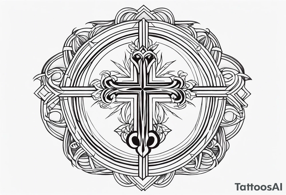 symmetrical, chest tattoo, include a christian cross, add biblical scripture text in the background tattoo idea