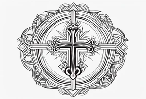 symmetrical, chest tattoo, include a christian cross, add biblical scripture text in the background tattoo idea