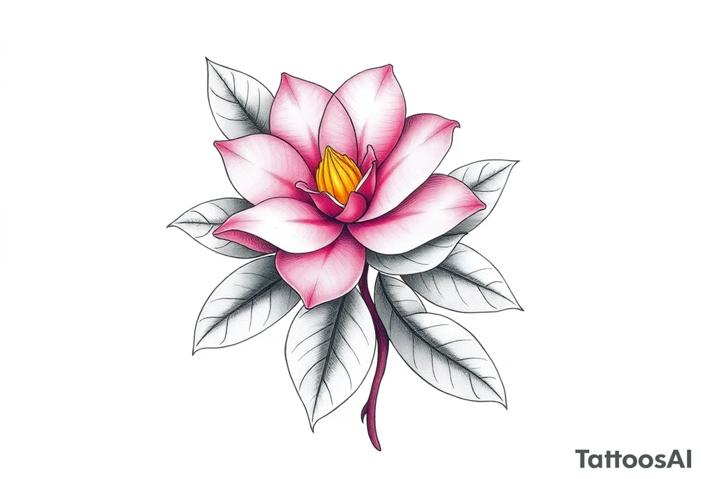 pink camelia flower with leaves and stem tattoo idea
