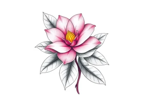 pink camelia flower with leaves and stem tattoo idea