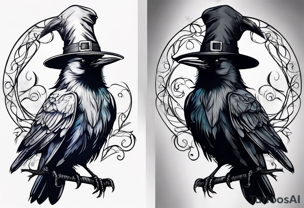 Silloutes of crow wearing witches hat tattoo idea