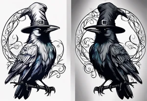 Silloutes of crow wearing witches hat tattoo idea