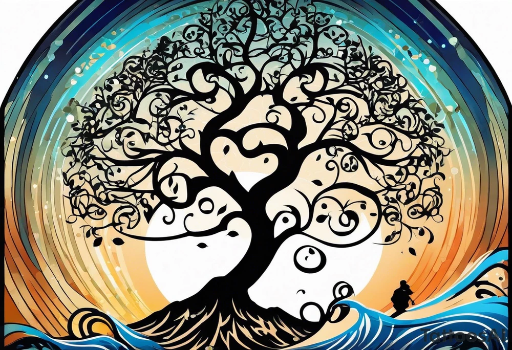 an abstract Tree of Life tattoo. It should have roots growing out of the bottom. The roots slowly turn into water from the Great Wave by Hokusai. A golf flag should be placed discreetly growing out of the ground. 2 license plate tags should be hanging from the tree. Place a few music notes in the areas the leaves should be. The letters A U should be engraved into the tree trunk in a heart. tattoo idea