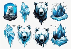 arm tattoo of polar bear and ice berg and relevant nature make colors primary black and white with a little blue tattoo idea