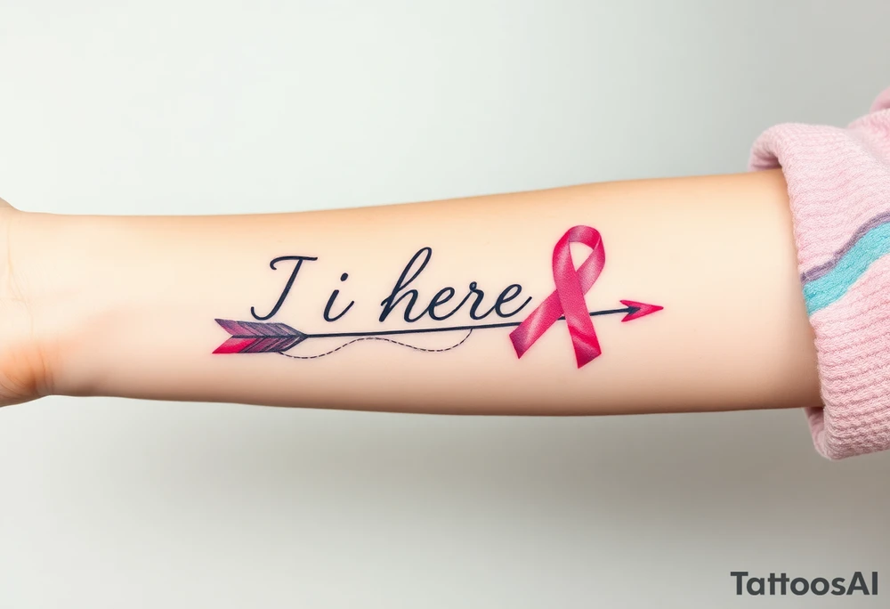 ‘I am here’ with breast cancer pink ribbon arrow tattoo idea