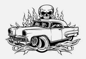 vintage classic car with flames coming out of the bonnet and a skeleton head coming from the top of the flames tattoo idea