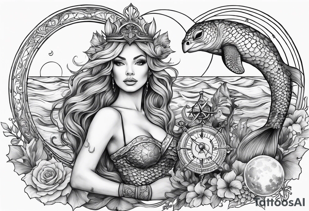 Mermaid with trident and crown, sea turtle, compass, cresent moon tattoo idea