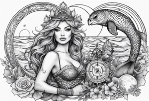 Mermaid with trident and crown, sea turtle, compass, cresent moon tattoo idea