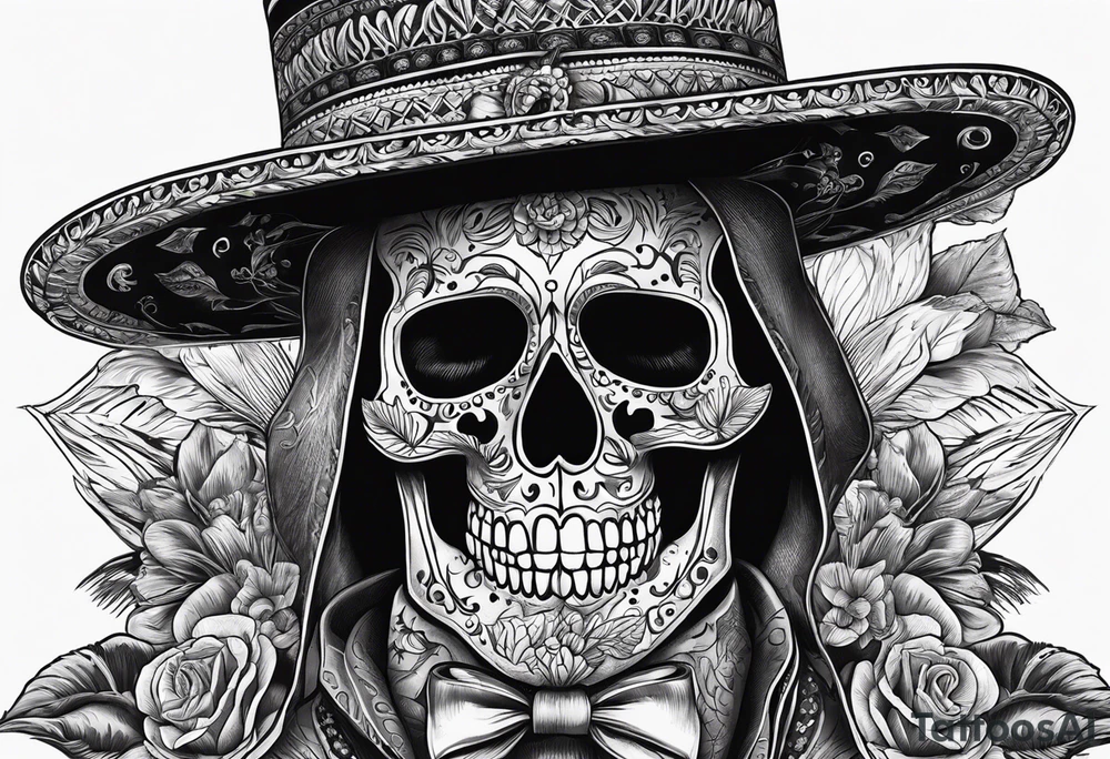 skeleton in the suit with hat in mexican style, similar to santa muerte tattoo idea