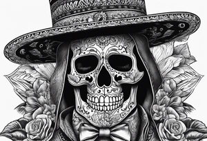 skeleton in the suit with hat in mexican style, similar to santa muerte tattoo idea