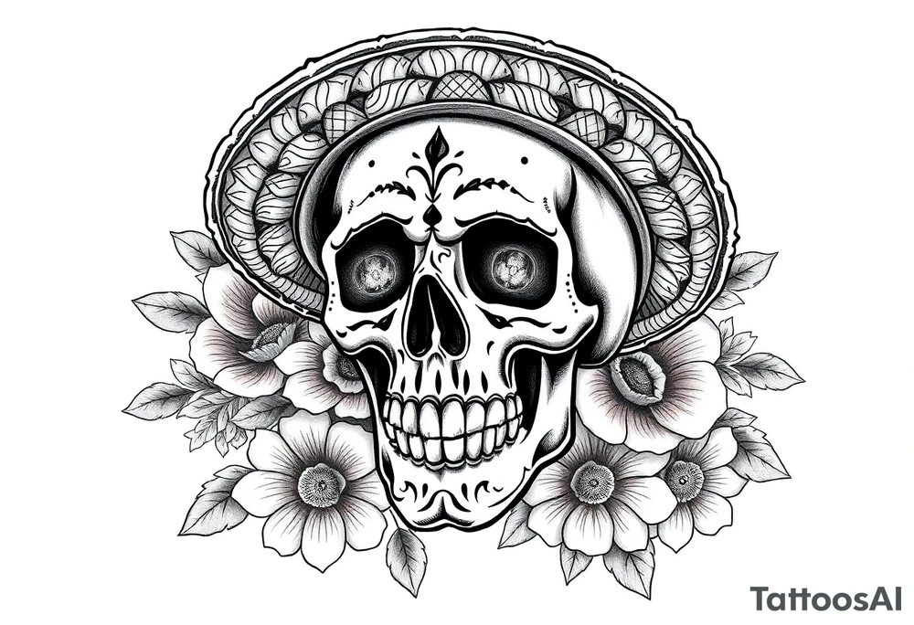 Day of the Dead skull wearing a brightly colored sombrero, vibrant floral background. tattoo idea