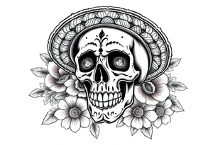 Day of the Dead skull wearing a brightly colored sombrero, vibrant floral background. tattoo idea