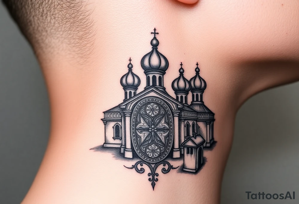 medium sized Russian orthodox church with bulb domes with a prominent russian orthodox mosaic tattoo idea